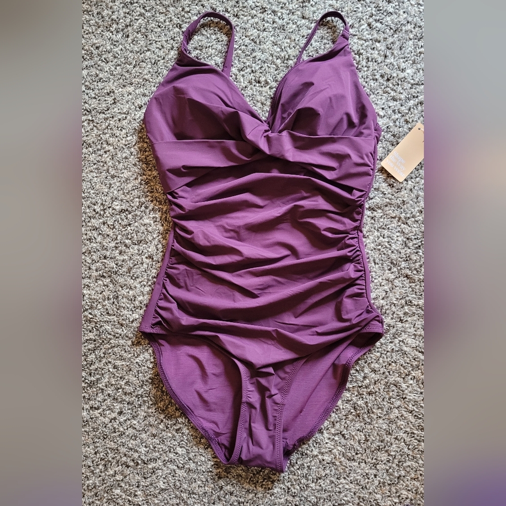 NWT Purple Ruched Popilush Swimsuit with Tummy Control